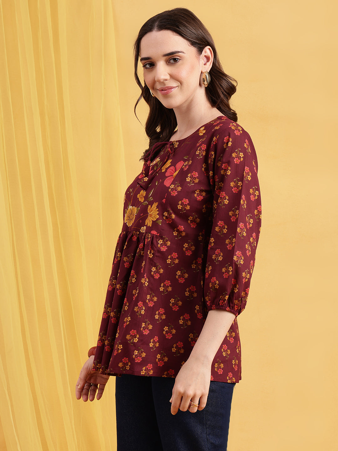 Wine Floral Flared Cotton Stitched Tunic