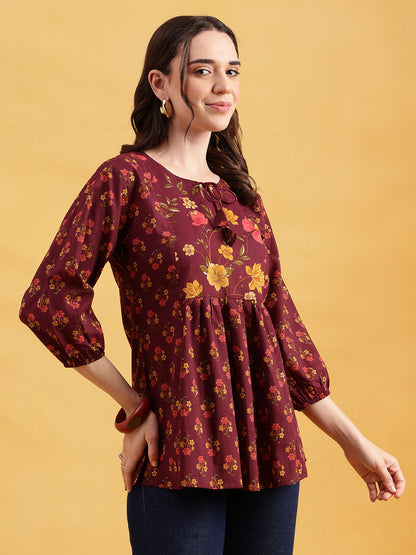 Wine Floral Flared Cotton Stitched Tunic