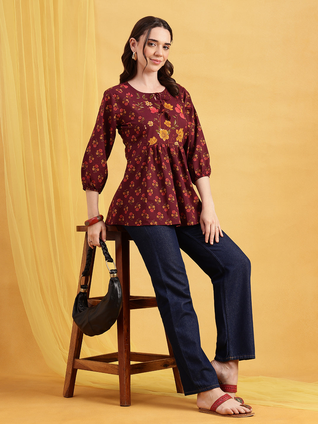 Wine Floral Flared Cotton Stitched Tunic