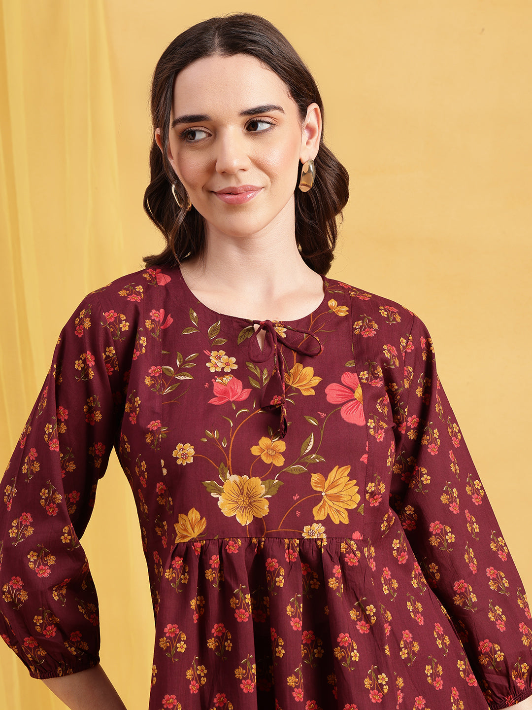 Wine Floral Flared Cotton Stitched Tunic