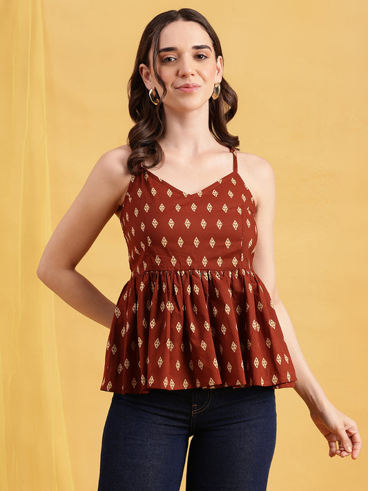 Brown Ikkat Flared Cotton Stitched Tunic