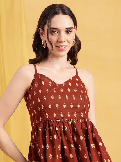 Brown Ikkat Flared Cotton Stitched Tunic