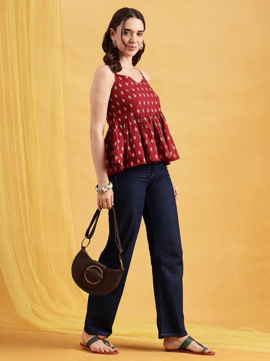 Burgundy Ikkat Flared Cotton Stitched Tunic