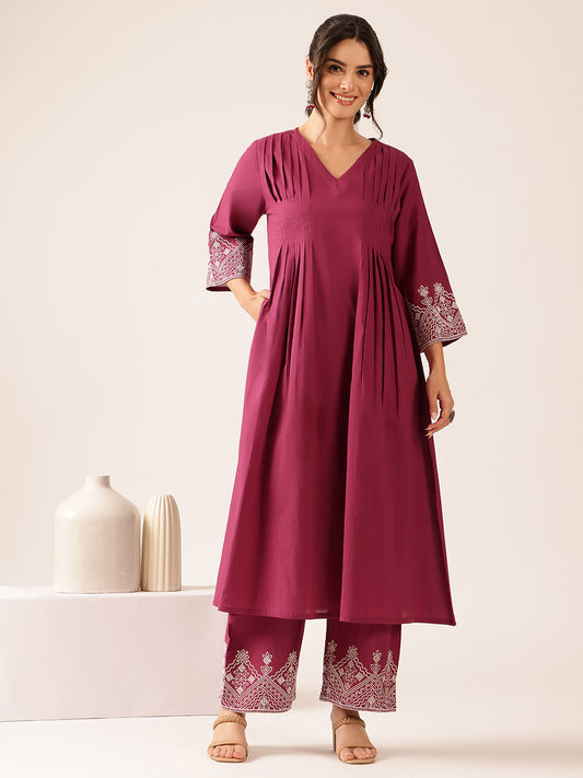 Purple Solid A-Line Cotton Stitched Kurta With Palazzo