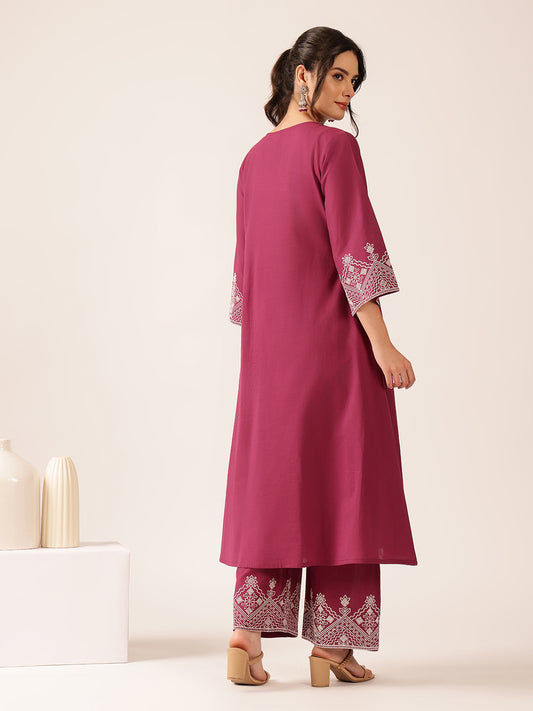 Purple Solid A-Line Cotton Stitched Kurta With Palazzo
