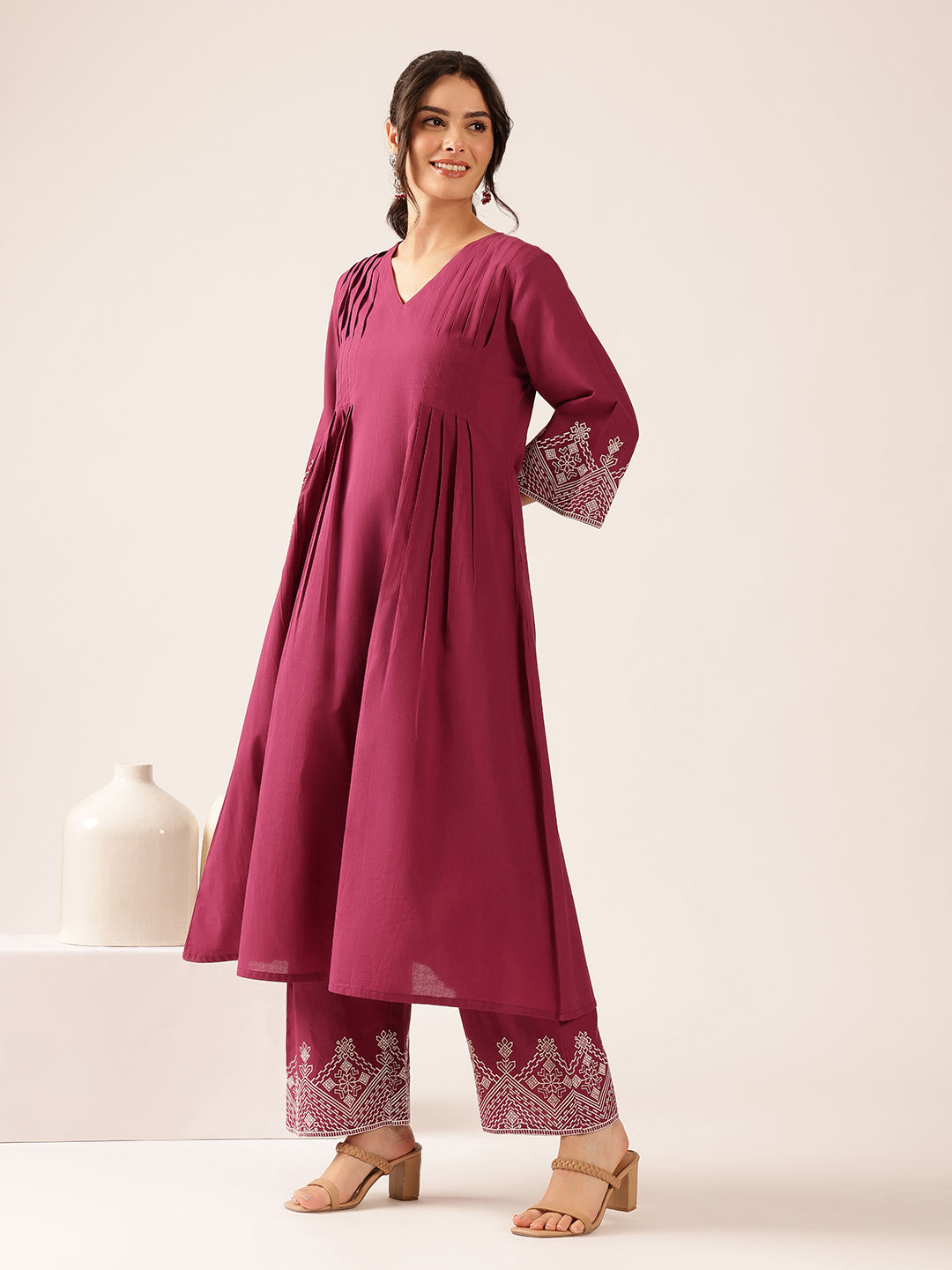 Purple Solid A-Line Cotton Stitched Kurta With Palazzo