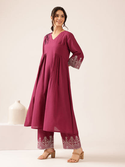Purple Solid A-Line Cotton Stitched Kurta With Palazzo