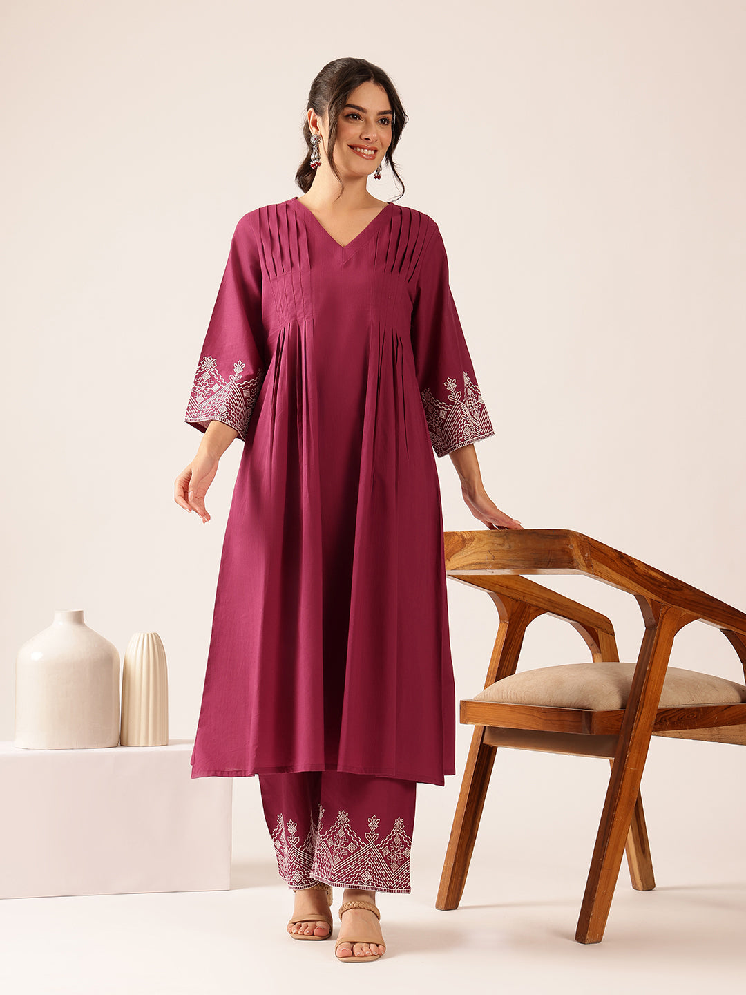 Purple Solid A-Line Cotton Stitched Kurta With Palazzo