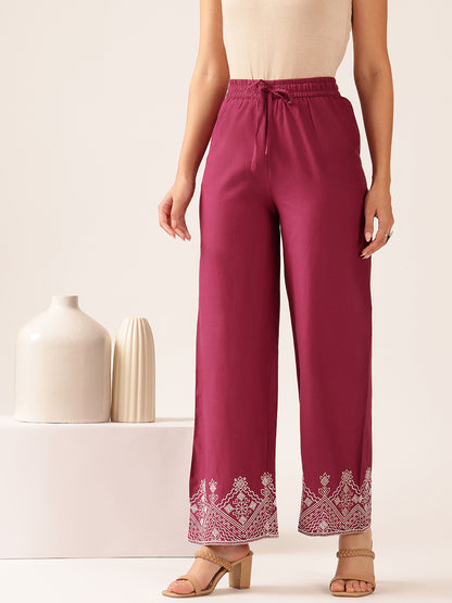 Purple Solid A-Line Cotton Stitched Kurta With Palazzo
