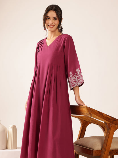 Purple Solid A-Line Cotton Stitched Kurta With Palazzo