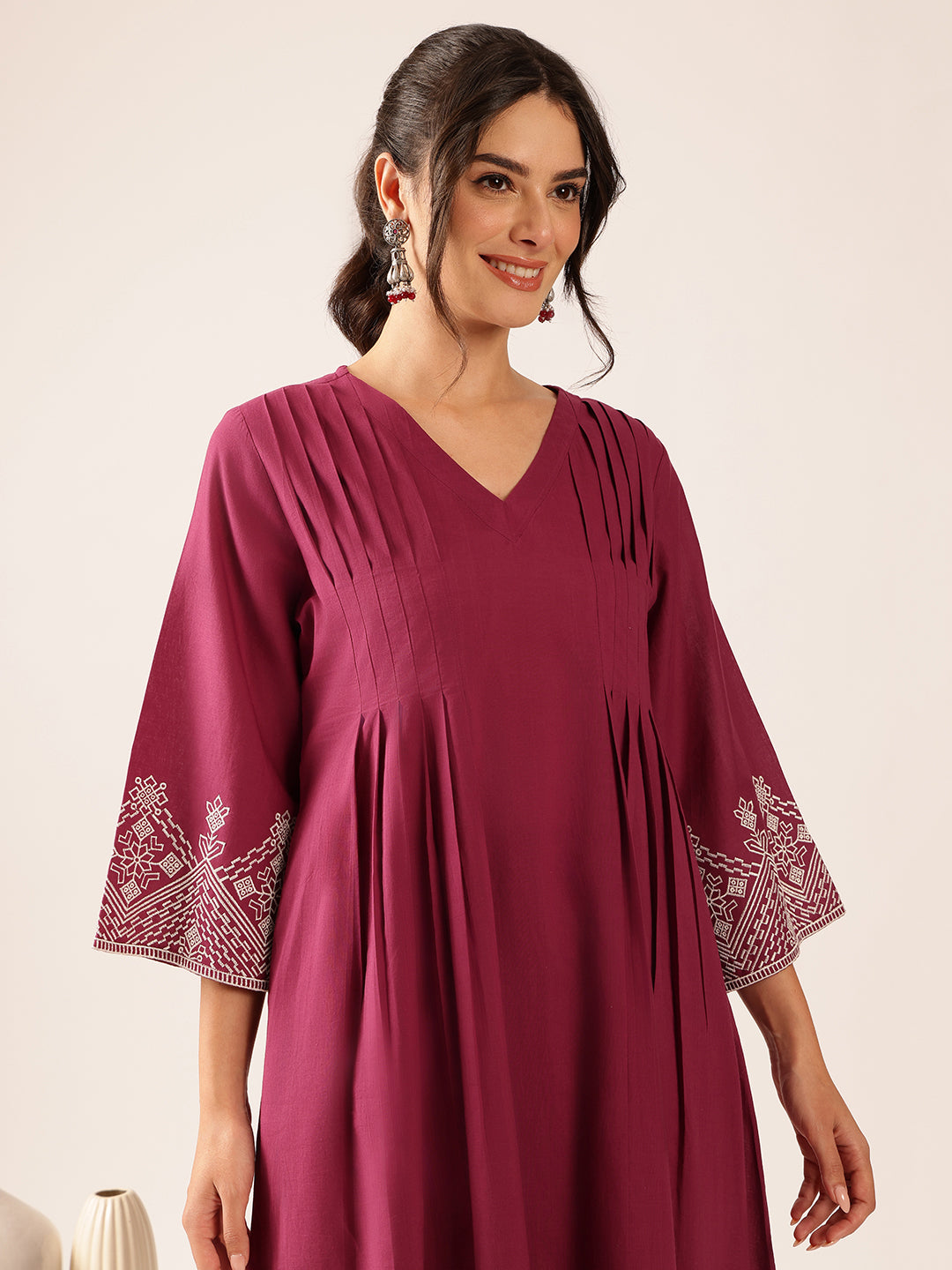 Purple Solid A-Line Cotton Stitched Kurta With Palazzo