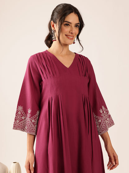 Purple Solid A-Line Cotton Stitched Kurta With Palazzo