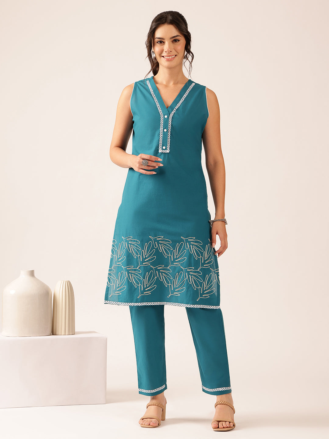 Teal Green Thread Work Straight Cotton Stitched Kurta With Pant