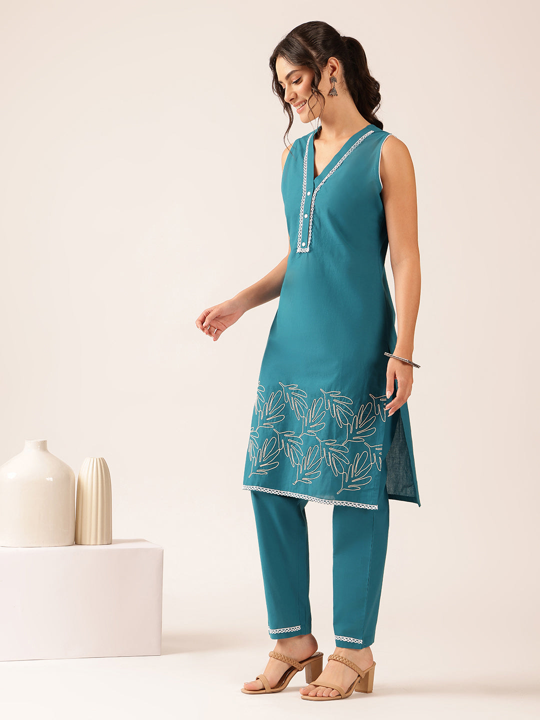 Teal Green Thread Work Straight Cotton Stitched Kurta With Pant