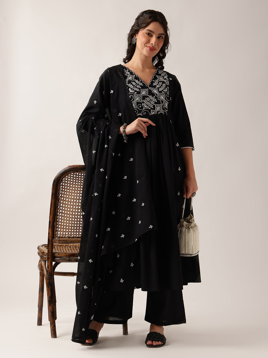 Black Yoke Neck A-Line Cotton Kurta Pant And Dupatta
