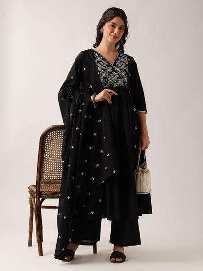 Black Yoke Neck A-Line Cotton Kurta Pant And Dupatta