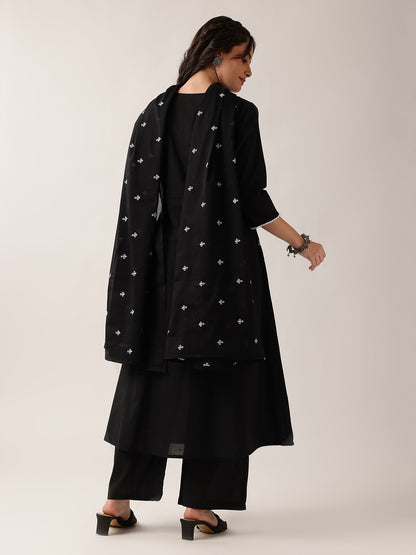 Black Yoke Neck A-Line Cotton Kurta Pant And Dupatta