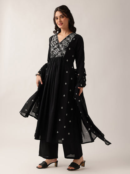 Black Yoke Neck A-Line Cotton Kurta Pant And Dupatta