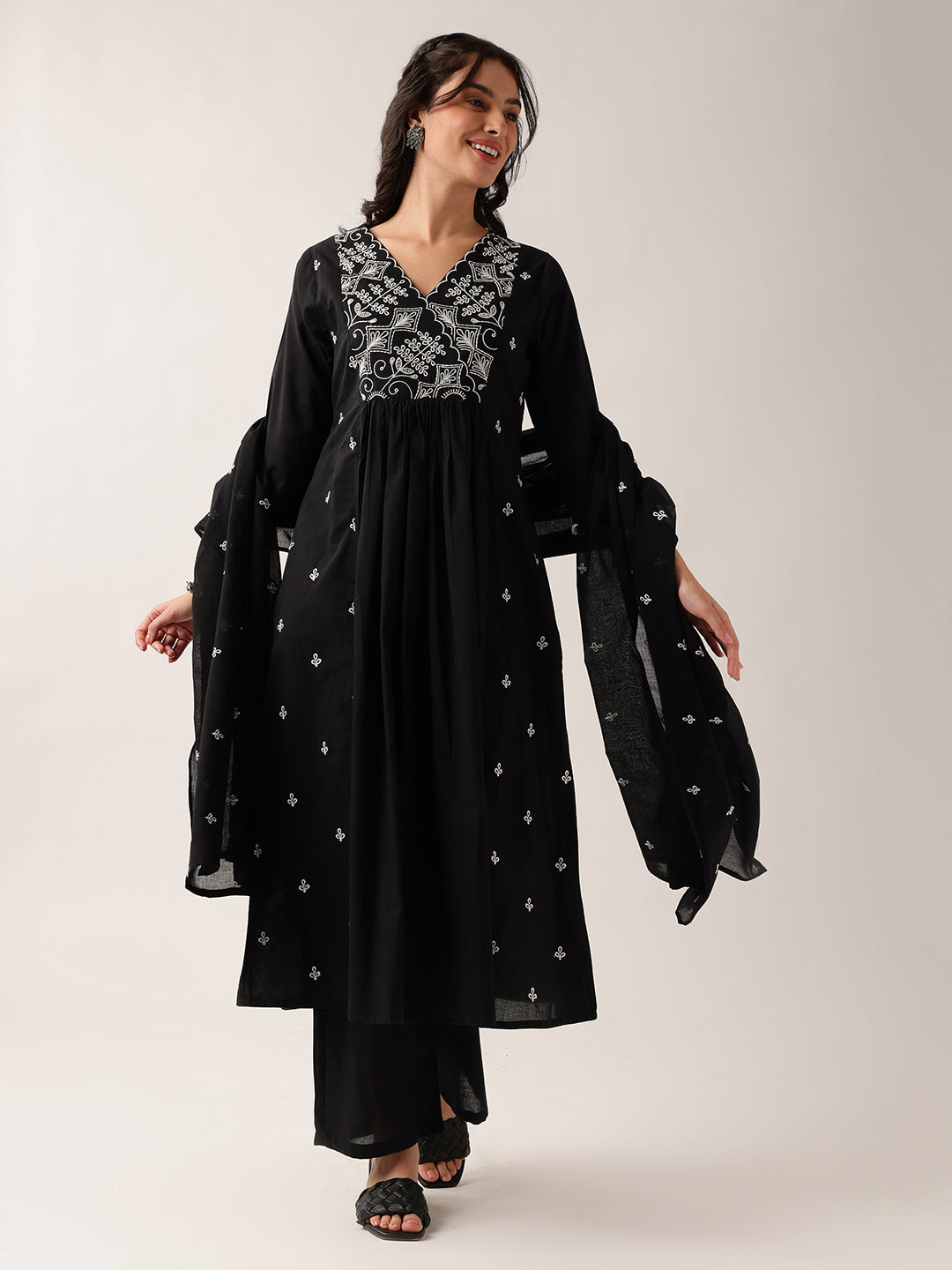 Black Yoke Neck A-Line Cotton Kurta Pant And Dupatta