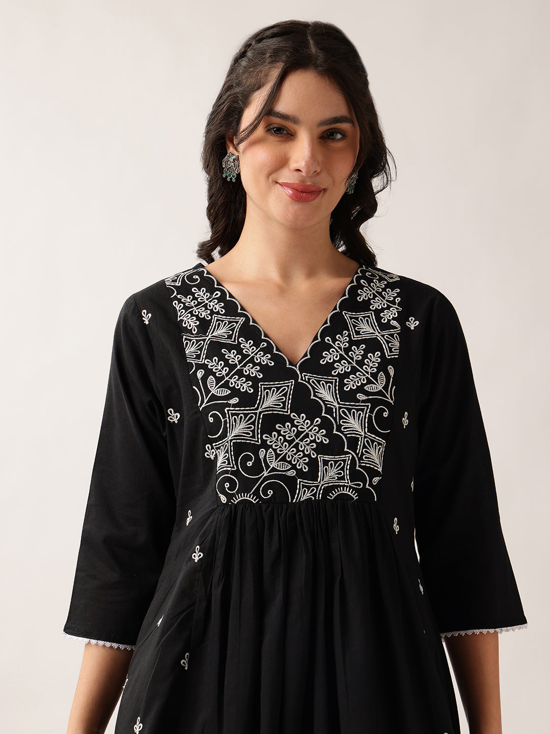 Black Yoke Neck A-Line Cotton Kurta Pant And Dupatta