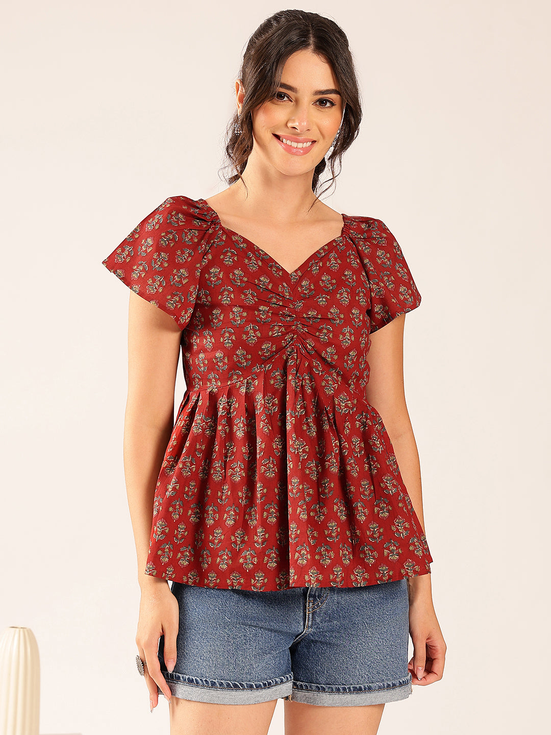 Maroon Floral Flared Cotton Stitched Peplum Top