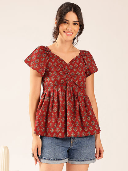 Maroon Floral Flared Cotton Stitched Peplum Top