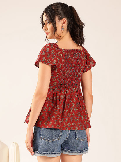 Maroon Floral Flared Cotton Stitched Peplum Top