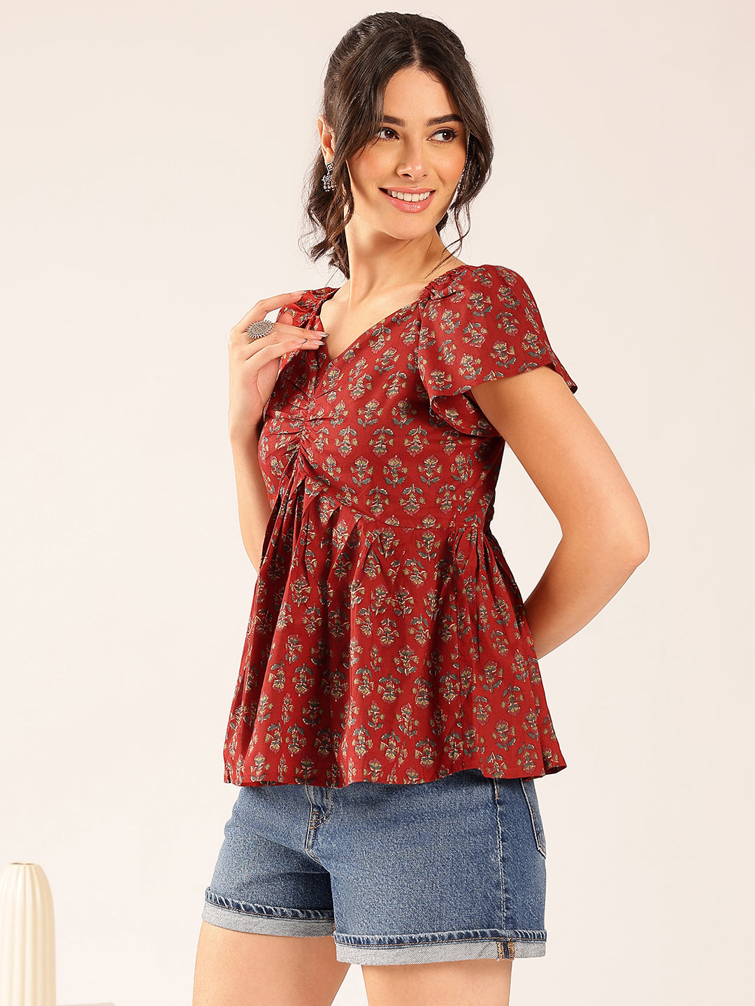 Maroon Floral Flared Cotton Stitched Peplum Top