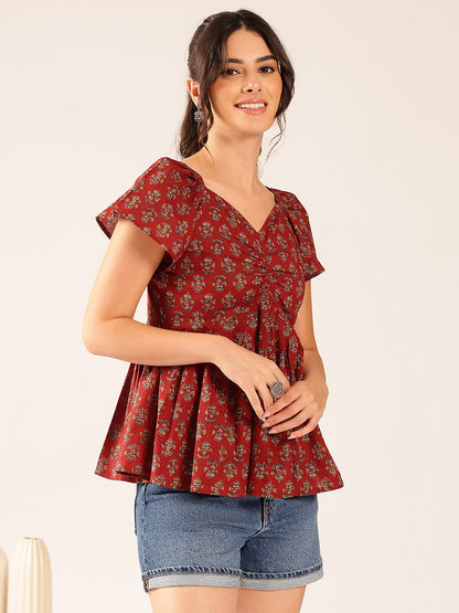 Maroon Floral Flared Cotton Stitched Peplum Top