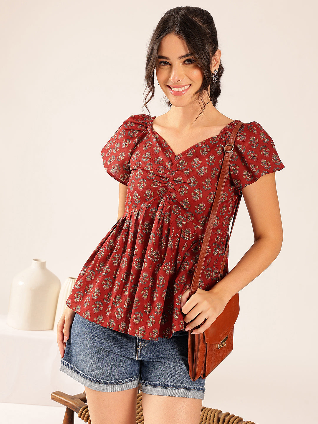 Maroon Floral Flared Cotton Stitched Peplum Top