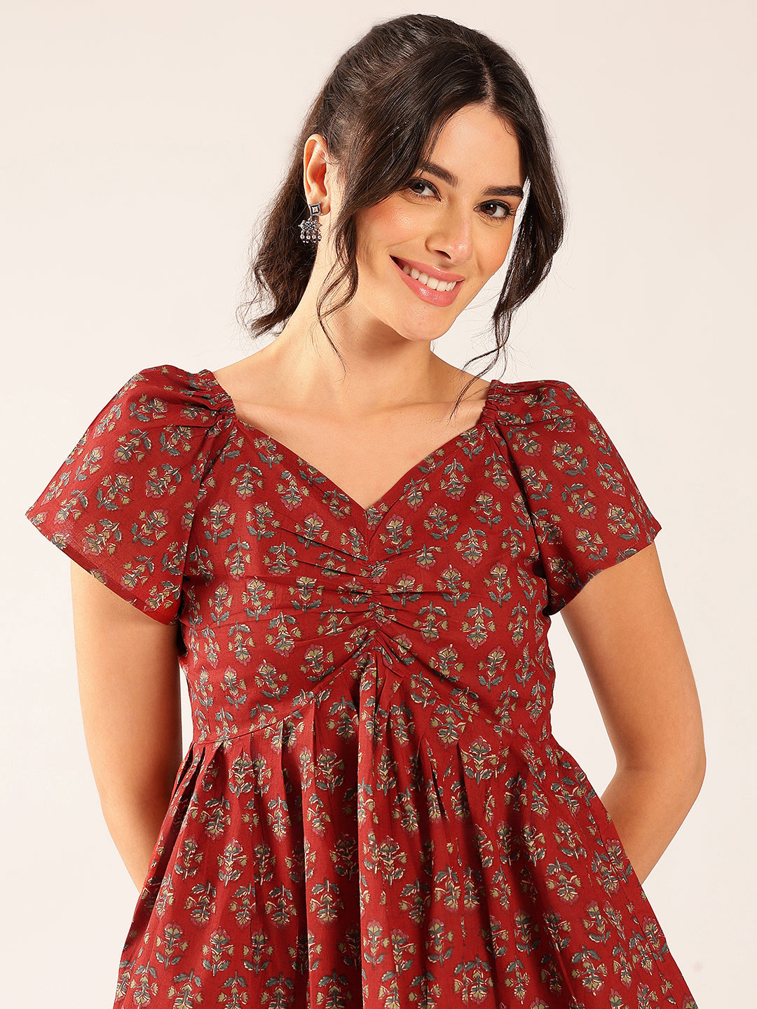 Maroon Floral Flared Cotton Stitched Peplum Top