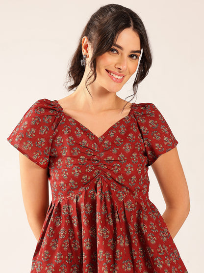 Maroon Floral Flared Cotton Stitched Peplum Top