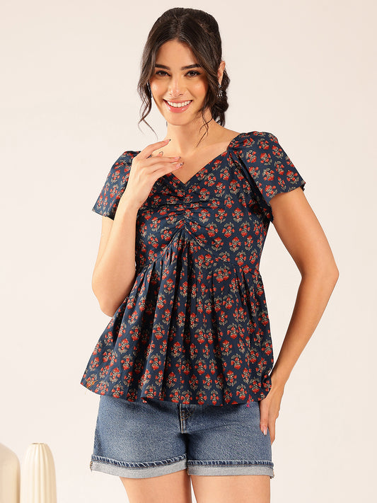 Turquoise Floral Flared Cotton Stitched Peplum Top