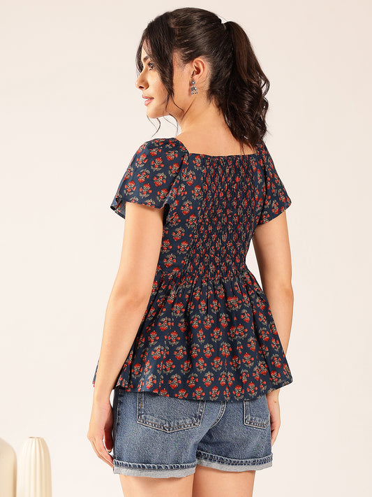 Turquoise Floral Flared Cotton Stitched Peplum Top