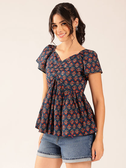Turquoise Floral Flared Cotton Stitched Peplum Top