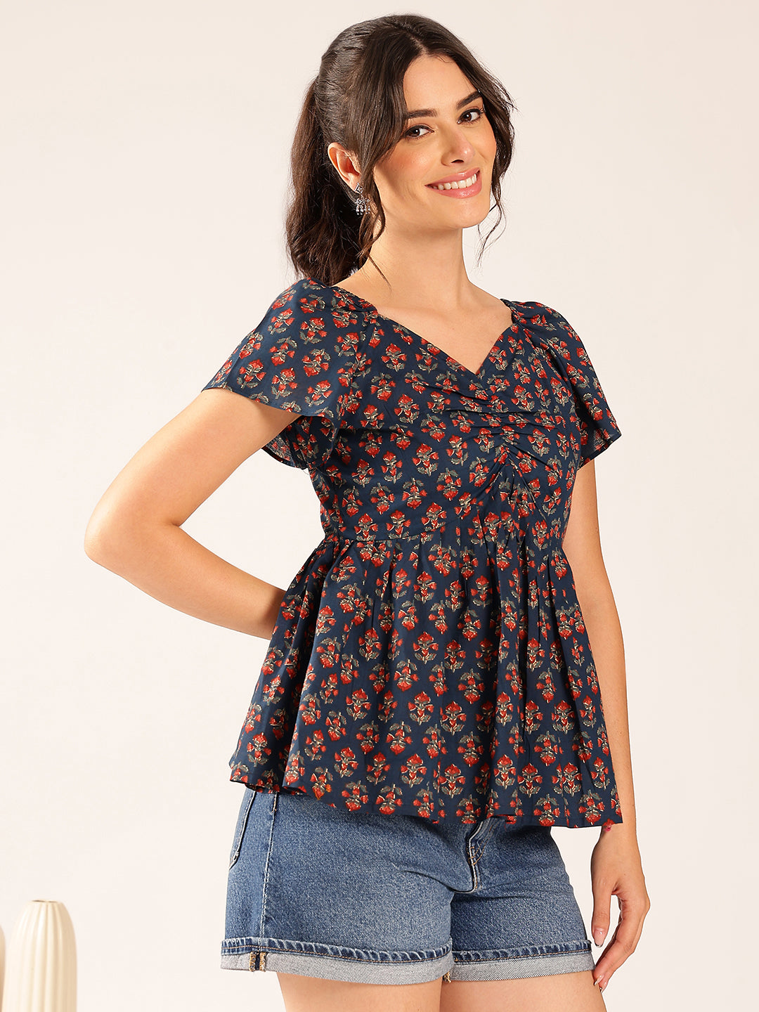 Turquoise Floral Flared Cotton Stitched Peplum Top