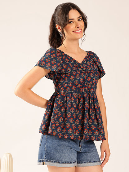 Turquoise Floral Flared Cotton Stitched Peplum Top
