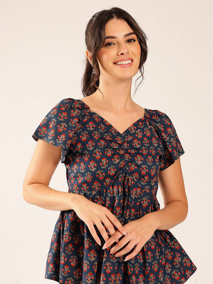 Turquoise Floral Flared Cotton Stitched Peplum Top