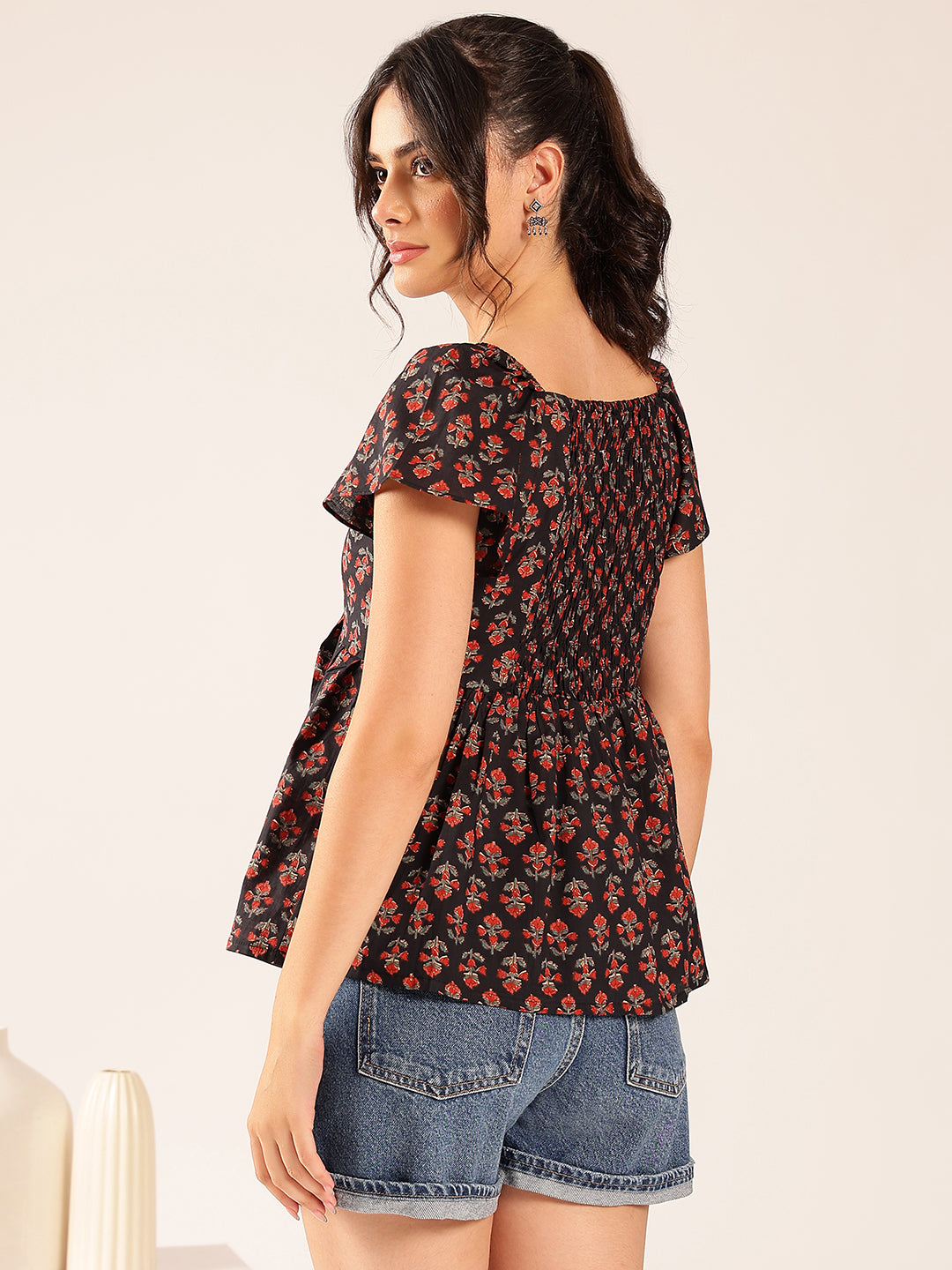 Black Floral Flared Cotton Stitched Peplum Top