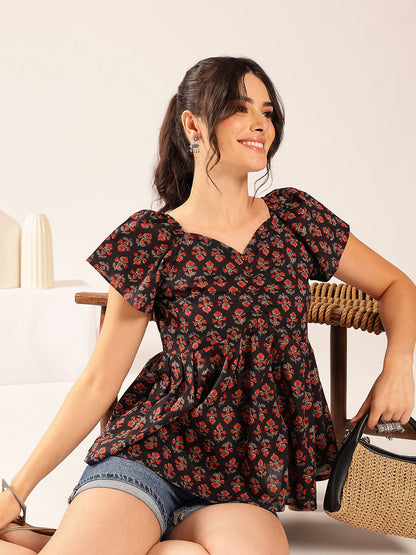 Black Floral Flared Cotton Stitched Peplum Top