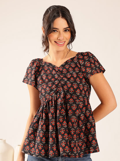 Black Floral Flared Cotton Stitched Peplum Top