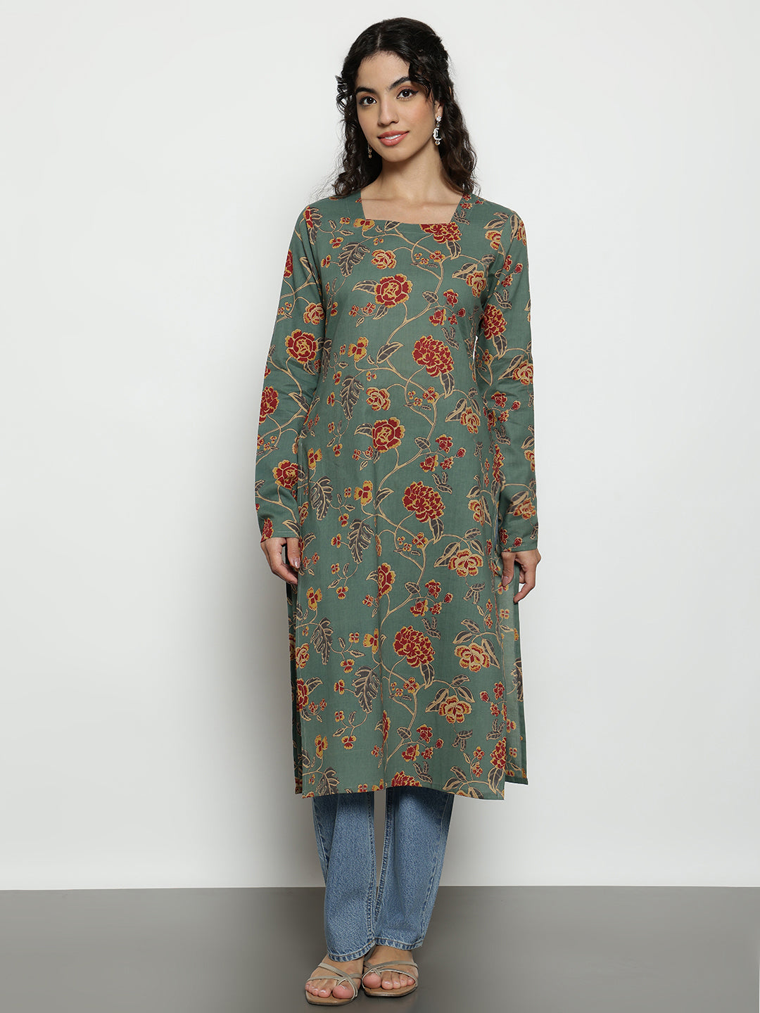 Pista Floral Straight Cotton Stitched Kurta