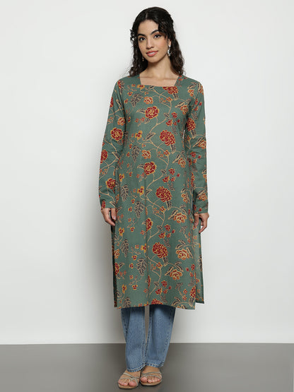 Pista Floral Straight Cotton Stitched Kurta