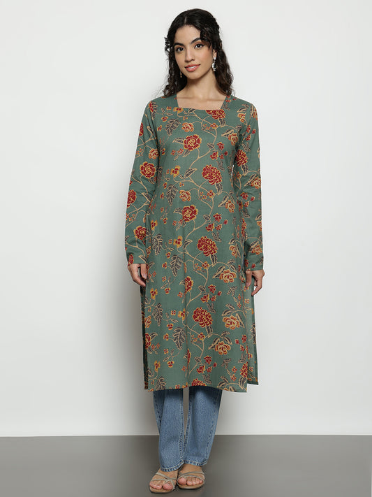 Pista Floral Straight Cotton Stitched Kurta