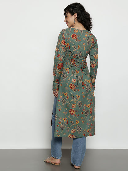 Pista Floral Straight Cotton Stitched Kurta