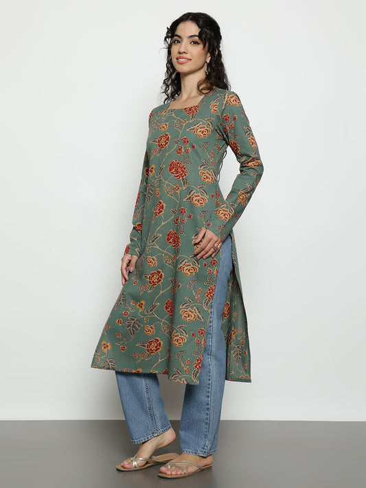Pista Floral Straight Cotton Stitched Kurta
