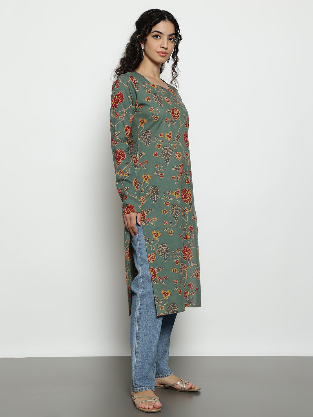 Pista Floral Straight Cotton Stitched Kurta