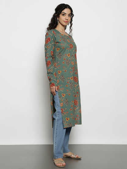 Pista Floral Straight Cotton Stitched Kurta