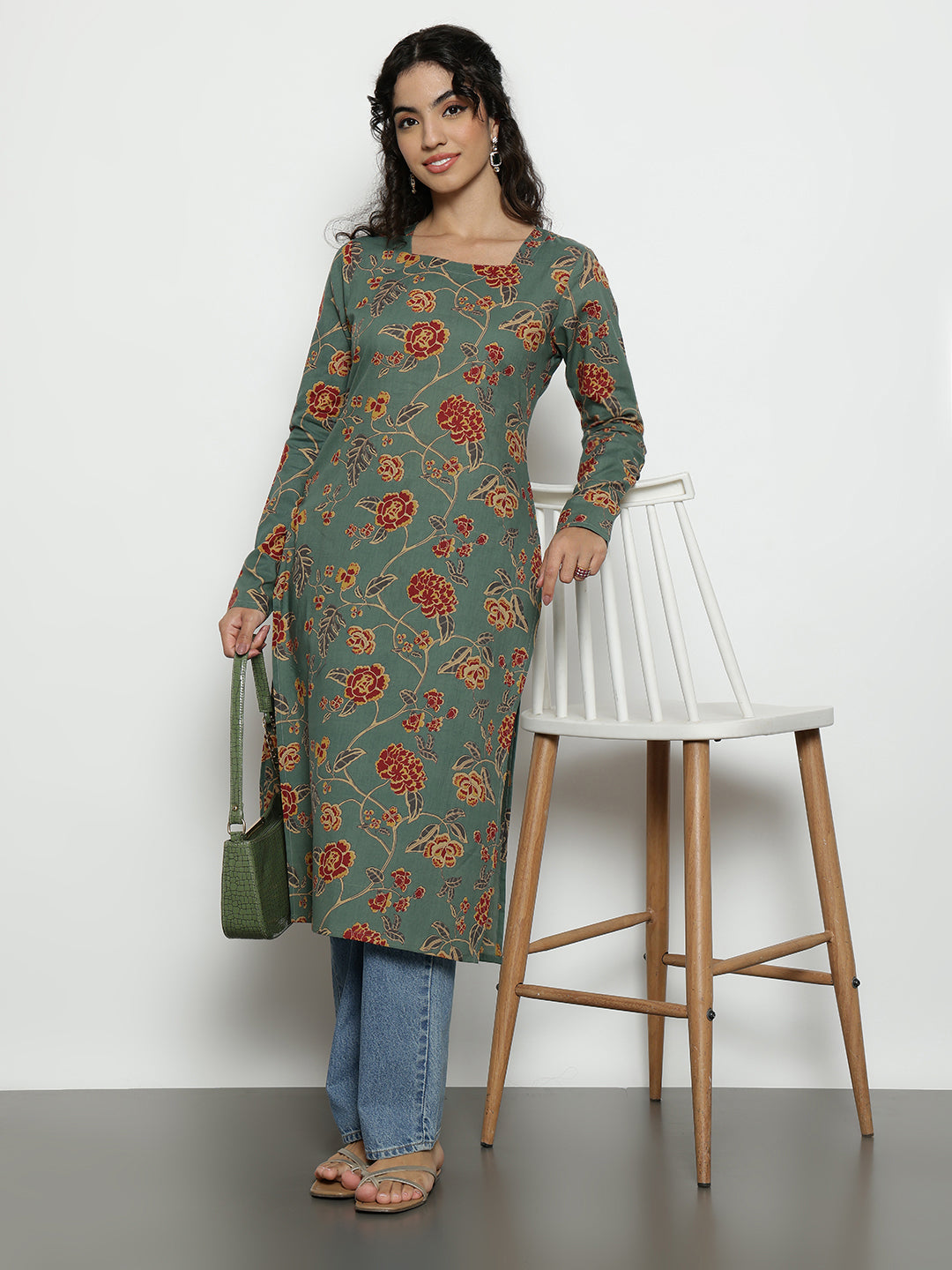 Pista Floral Straight Cotton Stitched Kurta