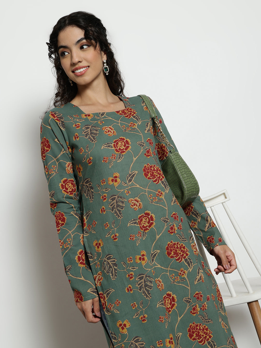 Pista Floral Straight Cotton Stitched Kurta